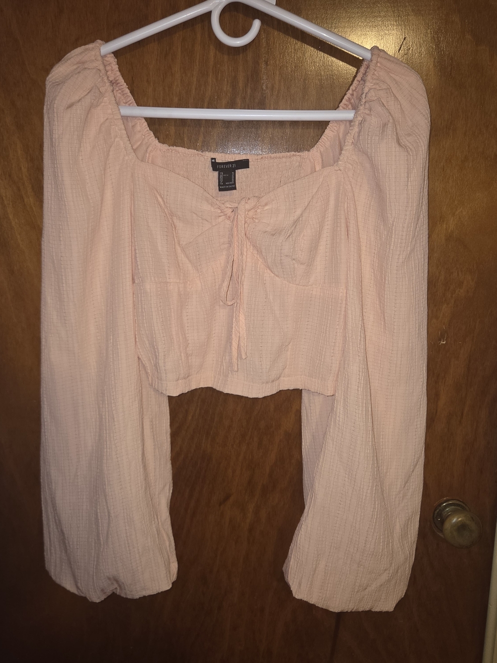 Forever 21 Peach Long-Sleeve Cropped Tie-Front Top
